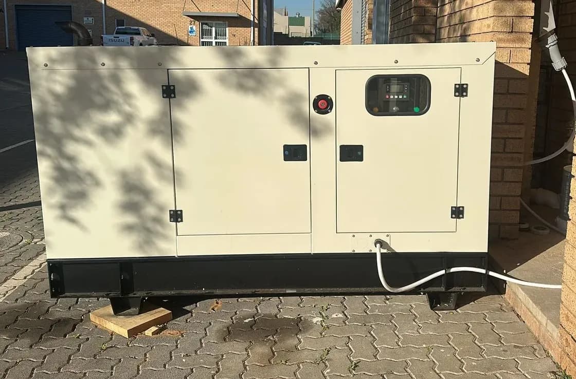 Cream canopied diesel standby generator with controller window on brick paving beside a face-brick wall in an industrial park