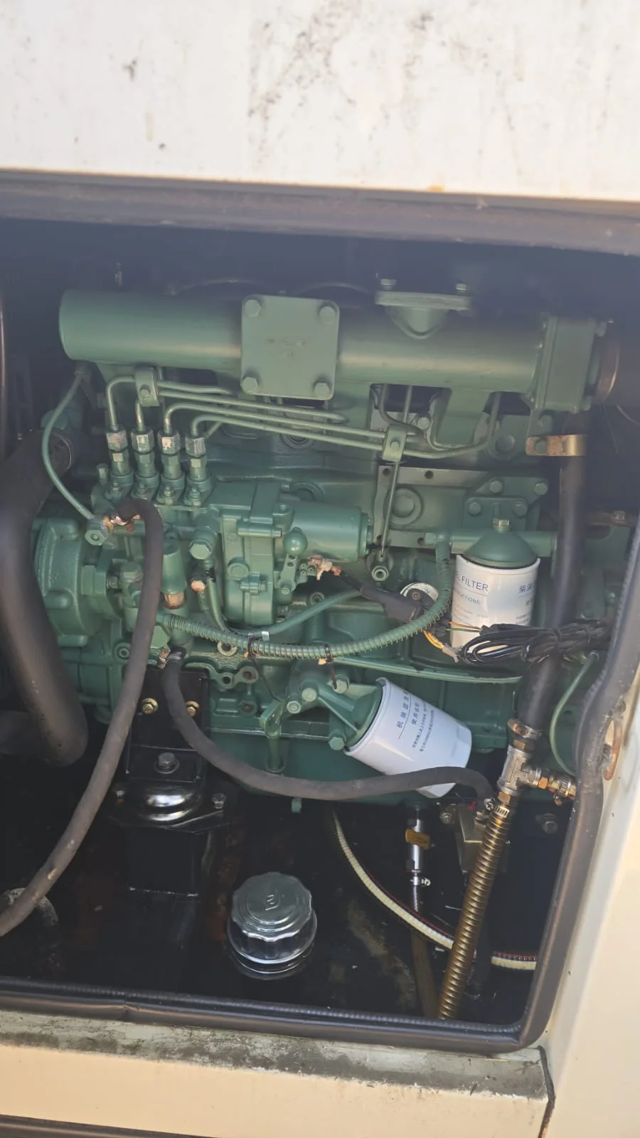 Green four-cylinder diesel engine with injection pump, fuel filter and oil filter inside a cream canopy