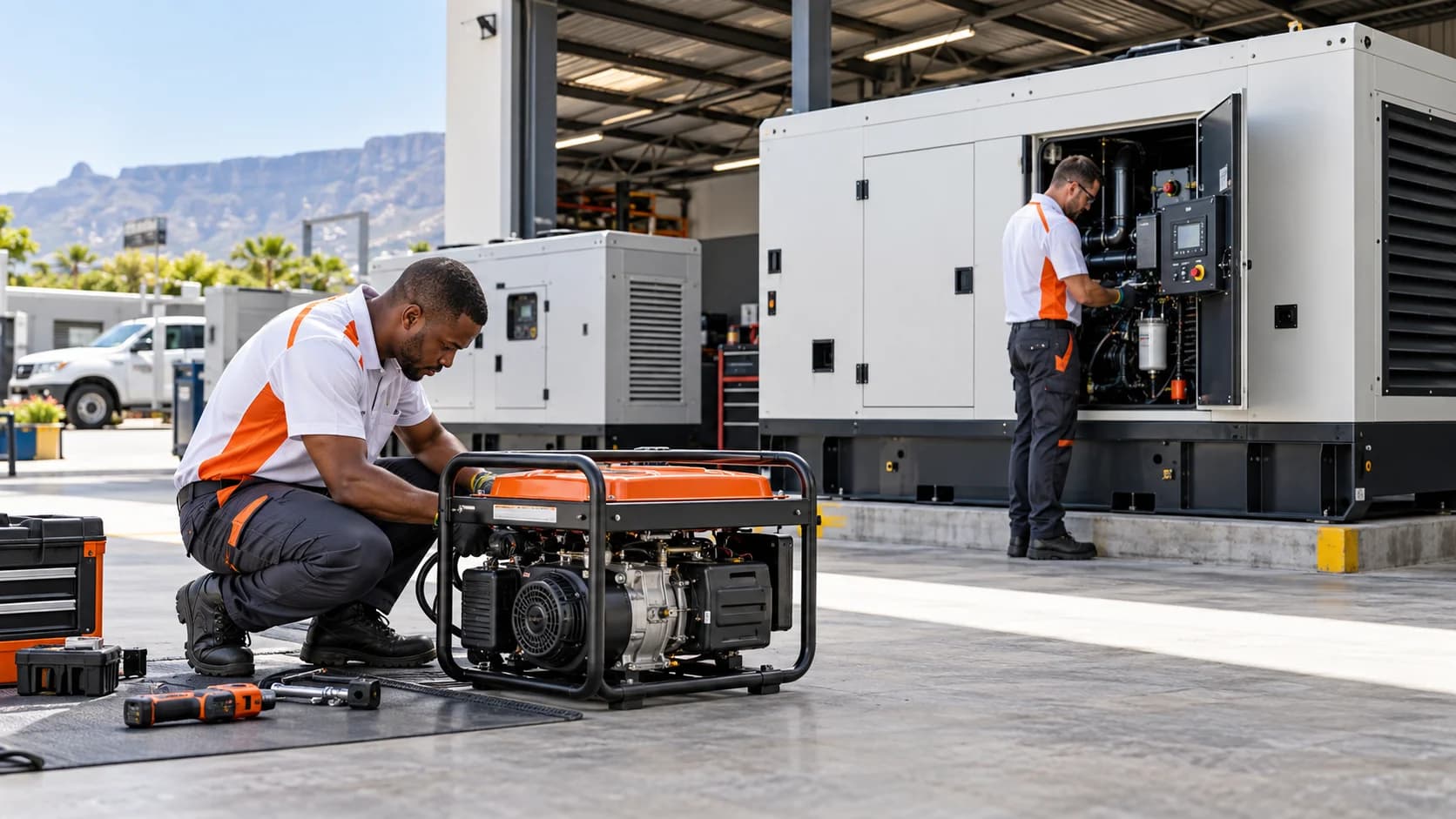 One person servicing a portable petrol generator while another works at the control panel of a large canopied generator