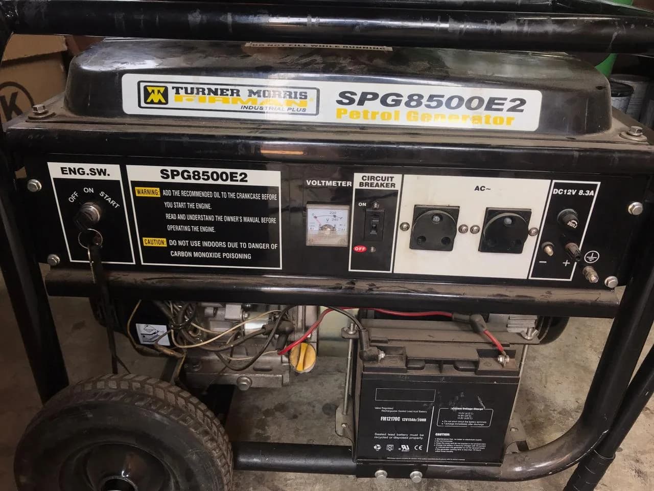 Turner Morris Firman SPG8500E2 petrol generator control panel with key switch, voltmeter, breaker and two sockets